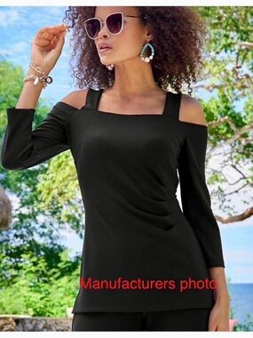 NWT, Boston Proper Black “Beyond Travel” Cold Shoulder Top, Sz M (10/12)